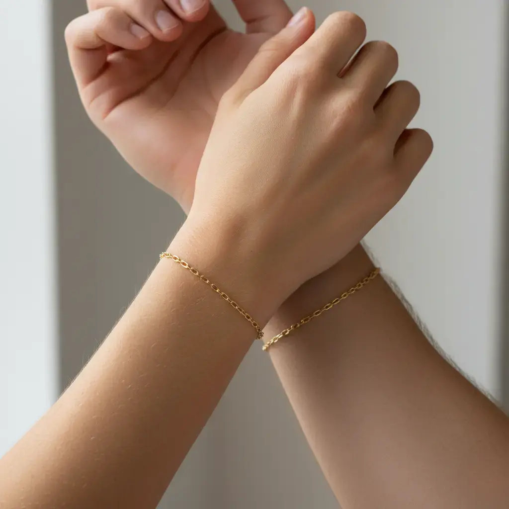 Bracelet permanent doré en acier 316L porté au poignet