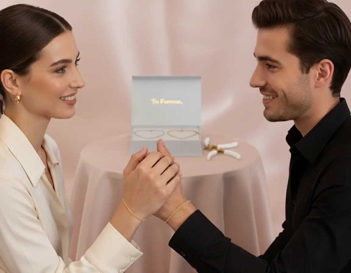 Couple portant des bracelets permanents dorés Madiora assortis