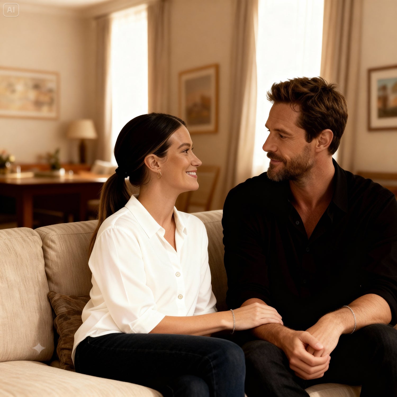 Couple assis canapé portant bracelets permanents argentés assortis Madiora