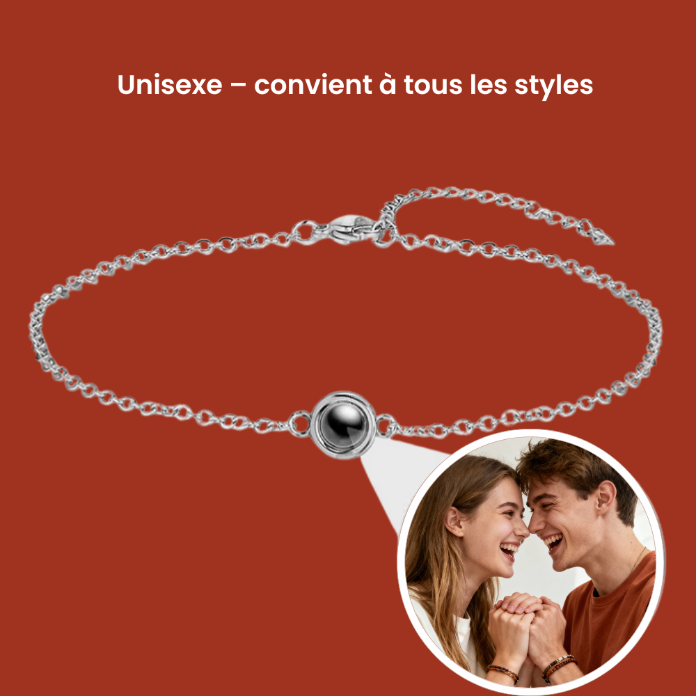 Bracelet de projection photo en argent, modèle unisexe ajustable qui convient à tous les poignets, idéal pour homme et femme.