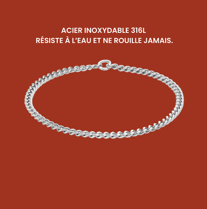 Bracelet permanent argenté au design minimaliste et élégant, ajustable à tous les poignets.