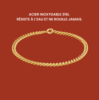 Bracelet permanent doré avec finition or 18 carats, résistant à l'eau et à l'oxydation.