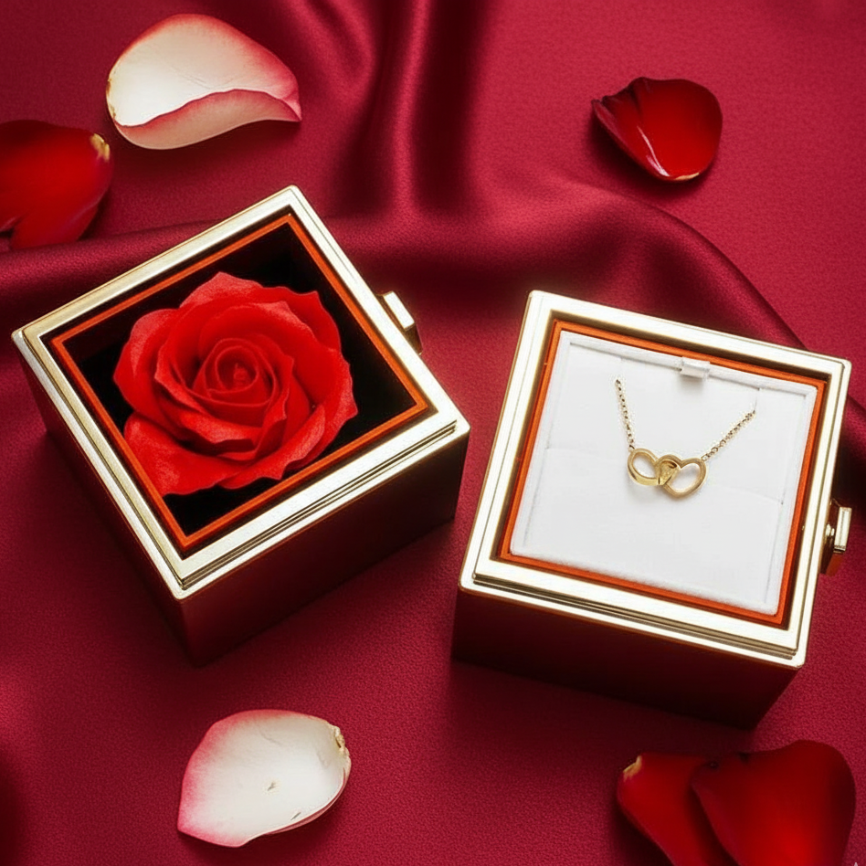 Coffret de luxe avec une rose éternelle rouge véritable dans une boîte carrée rouge.