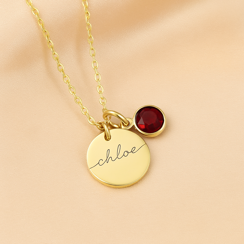Collier avec médaillon doré gravé du prénom de votre choix et pierre de naissance personnalisée.
