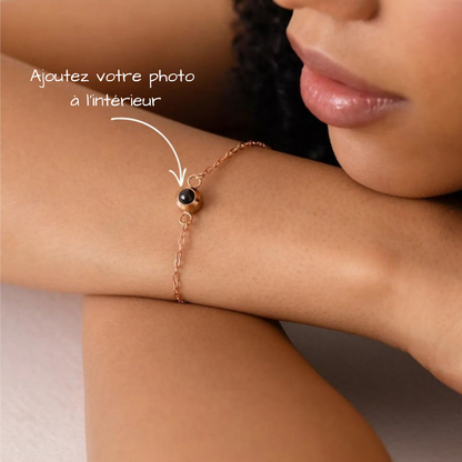 Guide visuel montrant l'emplacement de la perle centrale du bracelet où insérer votre photo personnalisée.