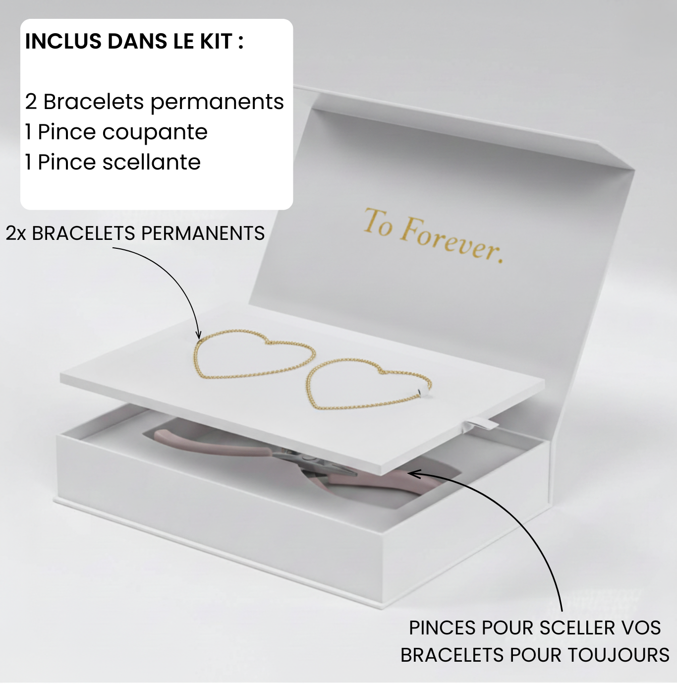 Détail du coffret Madiora : pince de précision, chaînes fines et fermoirs définitifs inclus.